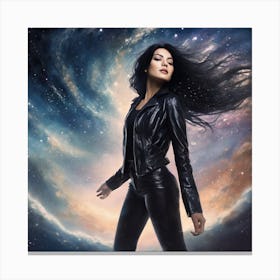 Create A Cinematic Scene Where A Mysterious Woman In A Black Leather Jacket Floats Gracefully Through The Cosmos, Surrounded By Swirling Clouds Of Stars And Galaxies 1 Canvas Print