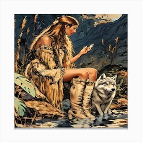 Native American Woman With Wolf-Drucke 09.12.2024--1a08d Canvas Print