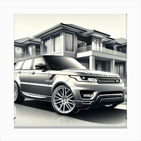 A Pencil Drawing Of A Rangerover Sport In Front Of A Beautiful Modern Mansion Canvas Print