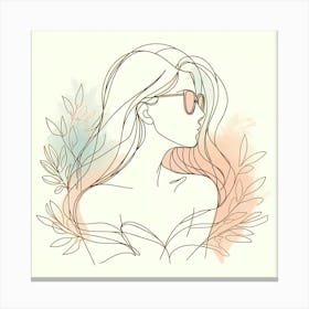 Long Hair Beauty With Glasses And Plants And Some Accent Colors - Line Drawing Canvas Print