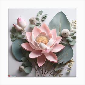 Firefly A Combination Of Lotus Flowers And Eucalyptus Leaves In Pale Pink And Gray, Spaced Out With (2) Canvas Print