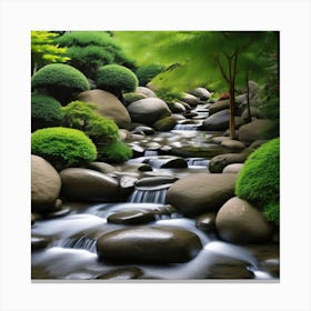 Japanese Garden, A Serene Zen Garden With Flowing Water And Rocks Symbolizing Tranquility And Equilibrium Canvas Print