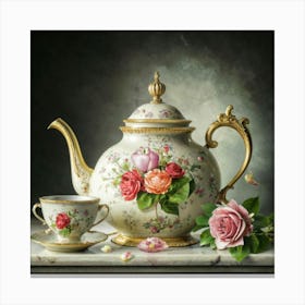 A very finely detailed Victorian style teapot with flowers, plants and roses in the center with a tea cup 1 Canvas Print