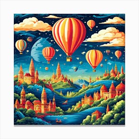 Hot Air Balloons In The Sky, Hot Air Balloon Adventures A Whimsical Pattern With Colorful Hot Air Balloons Floating Over Landmark 1 Canvas Print