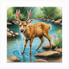 Deer In The Stream Canvas Print