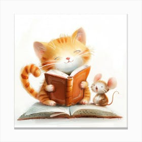 Cat And Mouse Reading A Book Canvas Print