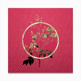 Gold Pink Noisette Roses Glitter Ring Botanical Art on Viva Magenta Canvas Print
