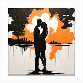 Silhouette Kissing Couple Love  Abstract Art Sumi-E Wall Poster Canvas Print