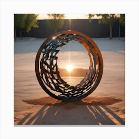 A Minimalist Sculpture Of A Large Ring With Intricate Cutouts, Positioned In A Desert Like Setting With The Sun Shining Through Its Center Canvas Print