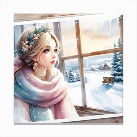 A Impressionistic and Soft Watercolor Painting of a Girl with Pearl Earrings and a Scarf, with a Snowy Landscape as a View Canvas Print