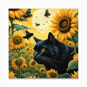 Black Cat In Sunflower Field Canvas Print