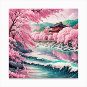 A stunningly vibrant watercolor illustration of a serene Japanese landscape featuring cherry blossoms. The foreground shows a river with gentle waves reflecting the pink hues of the blossoms. 1 Canvas Print