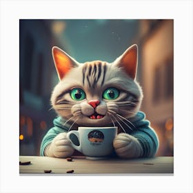 A Cute Cat With A Hot Cup Of Coffee In His Hands Canvas Print
