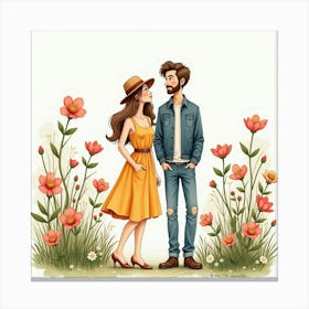 Stylish Couple In Watercolor Fashion, Blooming Garden 1 Canvas Print