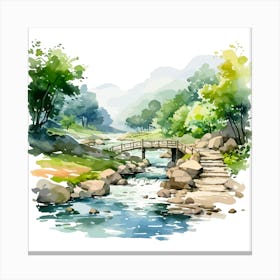 Watercolor Landscape With Bridge Canvas Print