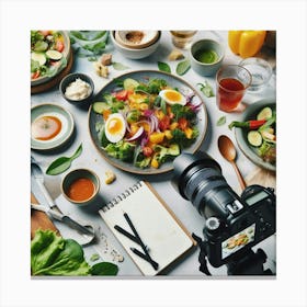 The Messy Reality of a Food Influencer: A Camera and a Notepad on a Table Full of Food and Ingredients Canvas Print