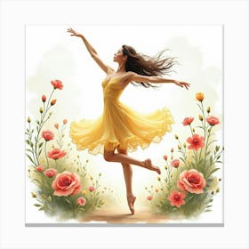 Elegant Dancer Leaps In A Watercolor Garden 1 Canvas Print