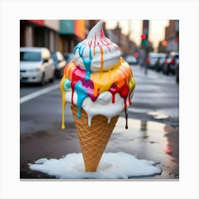 A Colorful Ice Cream Cone Melting On A Sidewalk With A Blurred City Street In The Background Canvas Print