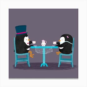 Couple Of Penguins Drinking Tea Canvas Print