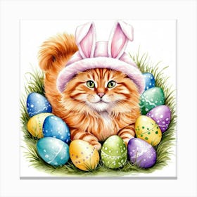 Watercolor Illustration Of Cat In Easter Bunny Hat, Laying In Grass, With Colorful Easter Eggs Scattered Around Leinwandbild