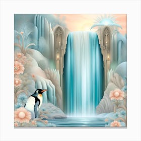 Penguin And Waterfall Canvas Print