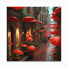 Red Umbrellas In The Rain Canvas Print