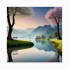 Blossoming Trees By The Lake Canvas Print