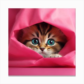 Cute Kitten Peeking Out Of A Pink Blanket Canvas Print