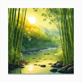 A Stream In A Bamboo Forest At Sun Rise Square Composition 396 Canvas Print