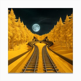 Golden Woods Tranquil Train Tracks Beneath A Full Moon Sky (2) Canvas Print