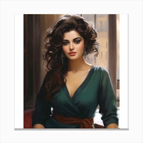 could be "beautiful woman," "long dark hair," "green dress," "brown belt," "sitting in a chair," "cityscape," and "thoughtful expression." Canvas Print