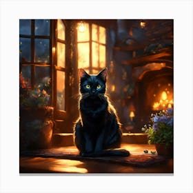 Black Cat In Front Of Fireplace Canvas Print