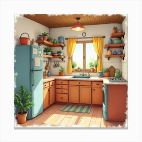 Warm Kitchen In Watercolor, Rustic Charm, Bright Colors 1 Canvas Print