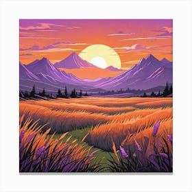 Summer Landscape Sunset In The Desert Cartoon Style Sunset Landscape With Grass Field And Trees (3) Canvas Print