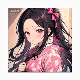 A girl having pink eyes and black hair, wearing a pink kimono and a pink ribbon on her hair. Canvas Print