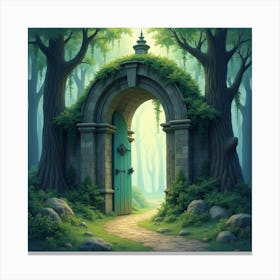 Ancient Enchanted Gate In A Mystical Forest, Watercolor 1 Canvas Print