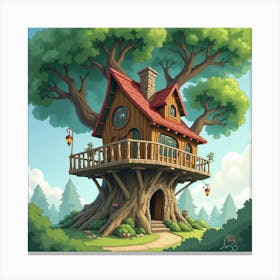 Magical Treehouse In A Mystical Grove, Watercolor 1 Canvas Print