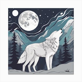 Sticker Art Design, Wolf Howling To A Full Moon, Kawaii Illustration, White Background, Flat Colors, (4) Canvas Print