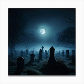 Full Moon Casting An Eerie Glow Over A Cemetery Gravestones Crooked With Names Worn By Time Mist C (3) Canvas Print