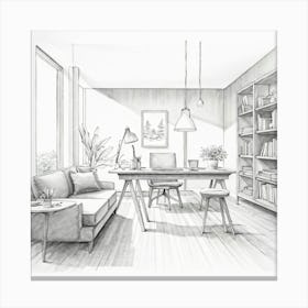 Monochromatic Pencil Sketch On Paper Of A Nordic Style Minimalistic Scene Clean Scandinavian Design Canvas Print