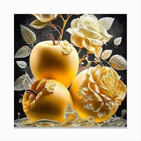 Three Apples With Roses Canvas Print