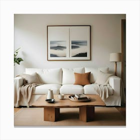 White Couch With Brown Pillows, Wooden Coffee Table, Artwork And Lamp In A Cozy Living Room Canvas Print