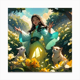 Illustration of girl in the field with two dogs Canvas Print