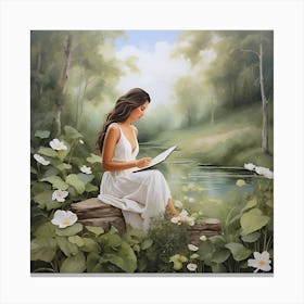 Reading By The Lake Canvas Print