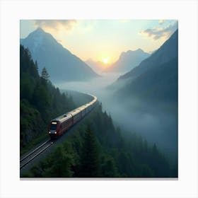 High Speed Train Passing Through Misty Mountain Valleys At Dawn 1 Canvas Print