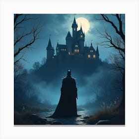 Dark Knight Standing Before A Haunted Castle At Night, Watercolor Effect 1 Canvas Print