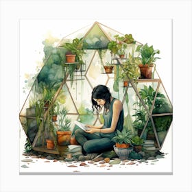 Girl Reading In A Terrarium Greenhouse With Plants Watercolour Canvas Print