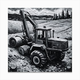 Black and white Tractor In The Field Canvas Print