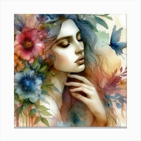 Watercolor Of A Woman With Flowers Canvas Print