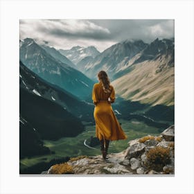 Woman In Yellow Dress Standing On A Mountain Canvas Print